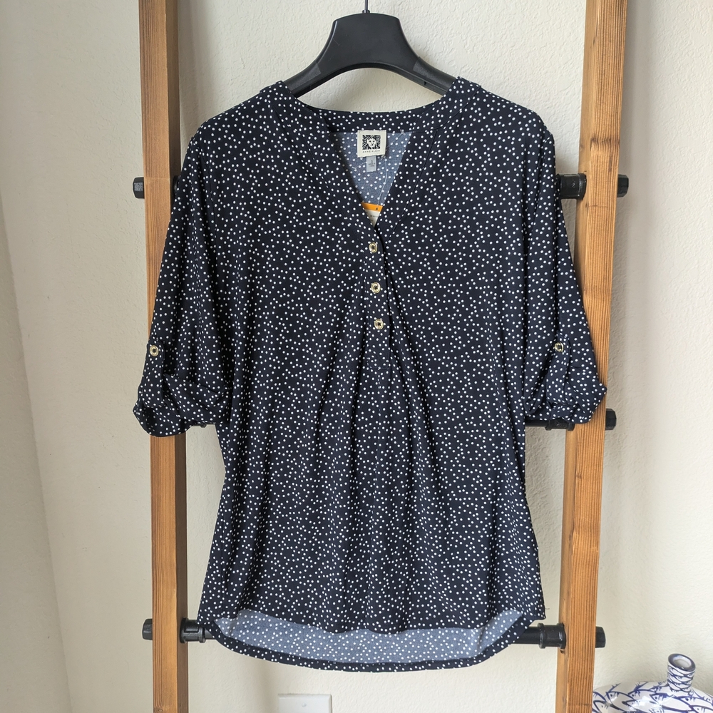 NWT Anne Klein Women's BNavy and White Dotted Blouse - Size S